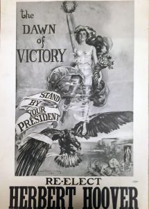 Patriotic black and white image of woman and bald eagle in victorious pose. Reads The dawn of victory, stand by your president, re-elect Hoover.